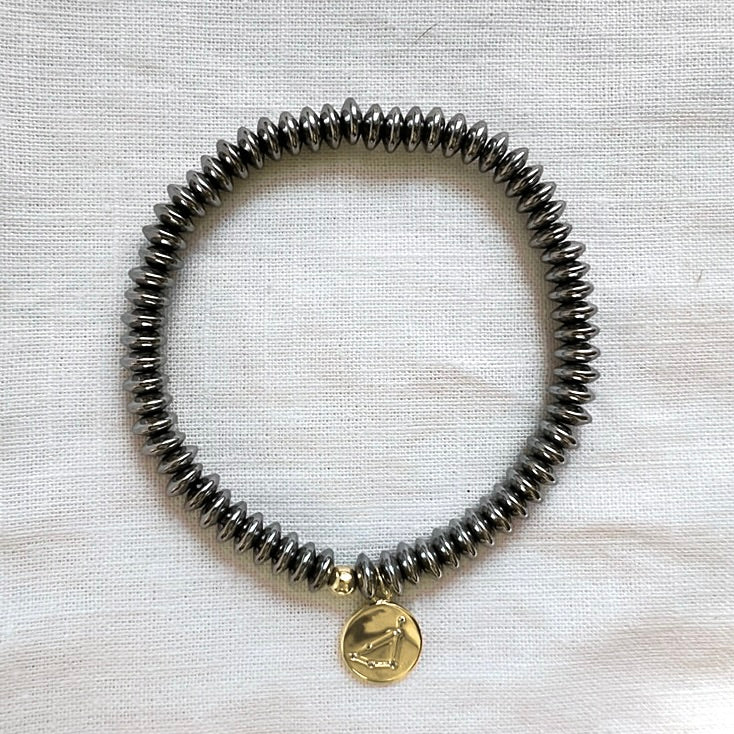 Zodiac Constellation Bracelet, Platinum Hematite with Gold Star Sign Charm
