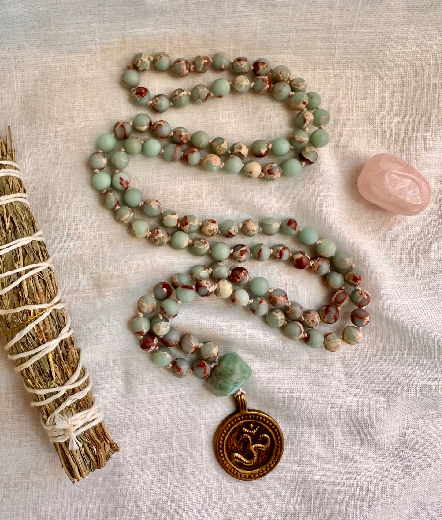 The Quiet Tide Mala, Aqua Terra Jasper with Amazonite and Brass Om