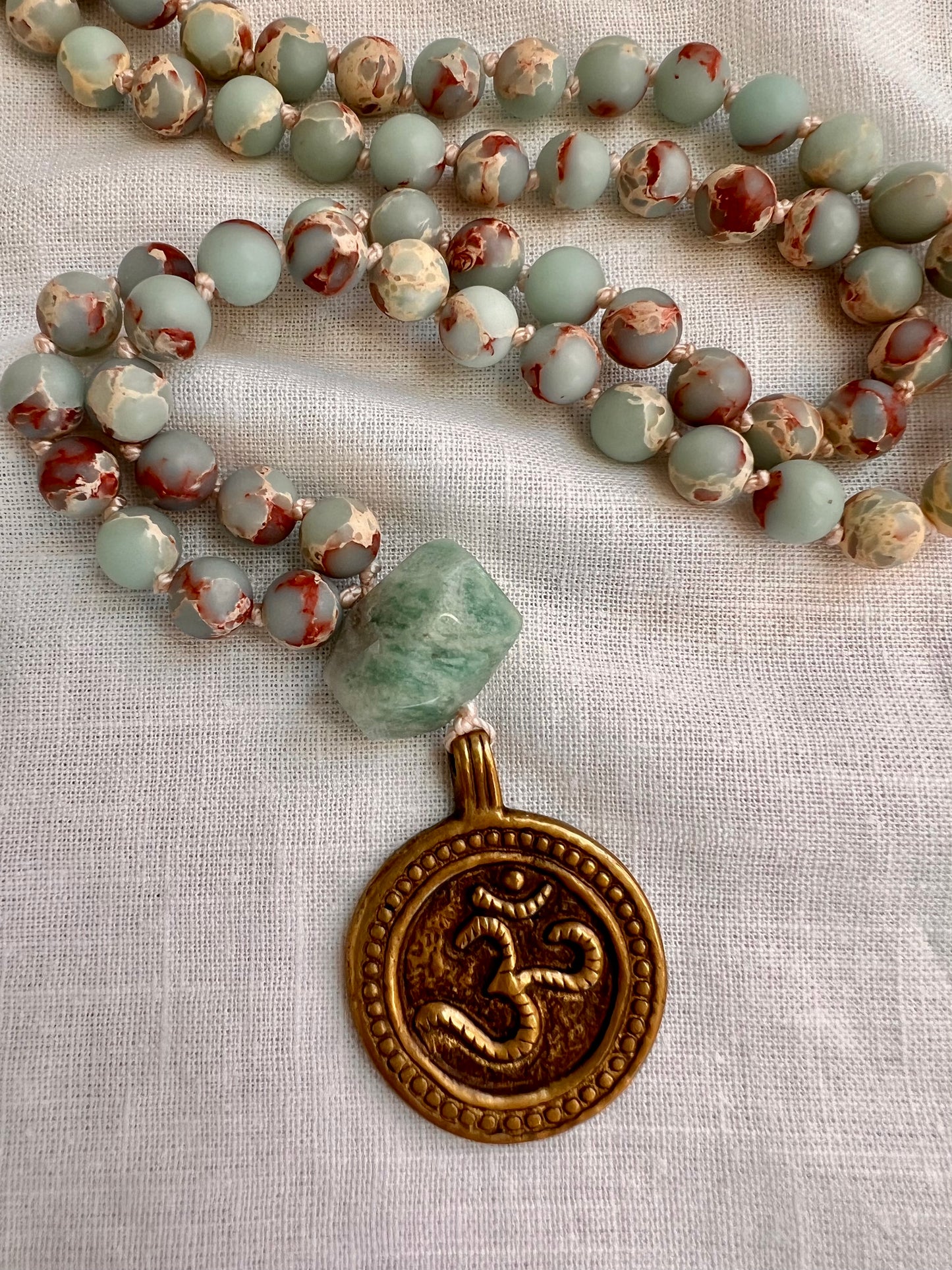 The Quiet Tide Mala, Aqua Terra Jasper with Amazonite and Brass Om