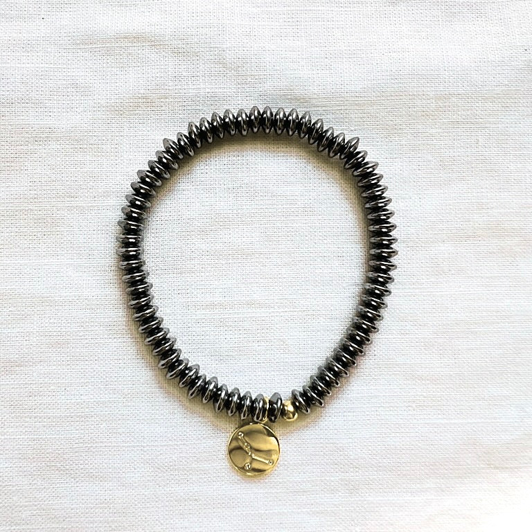 Zodiac Constellation Bracelet, Platinum Hematite with Gold Star Sign Charm