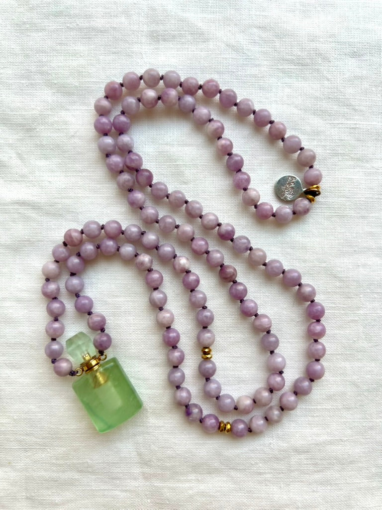 Mala Beads for Peace and Positivity, Lepidolite and Fluorite Miniature Perfume Bottle Pendant