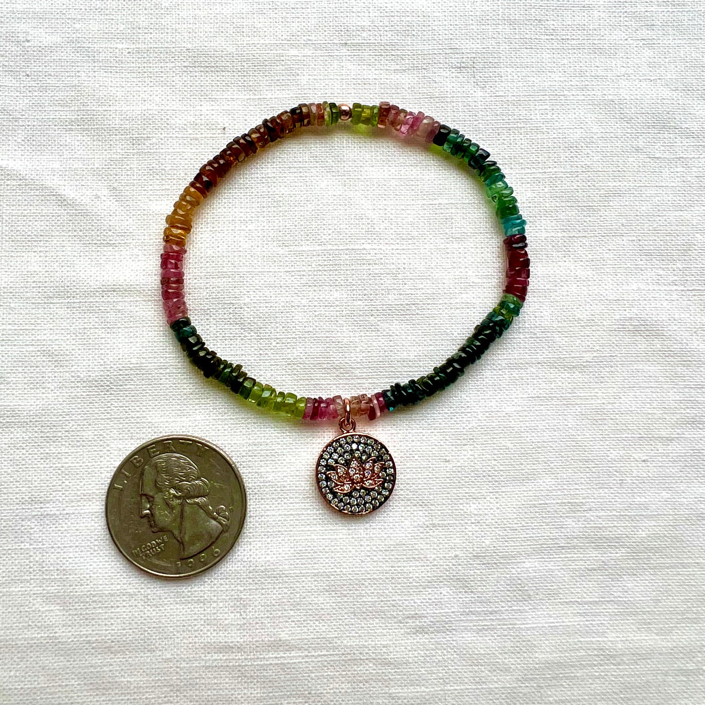 Rainbow Tourmaline Bracelet with Rose Gold Lotus Charm