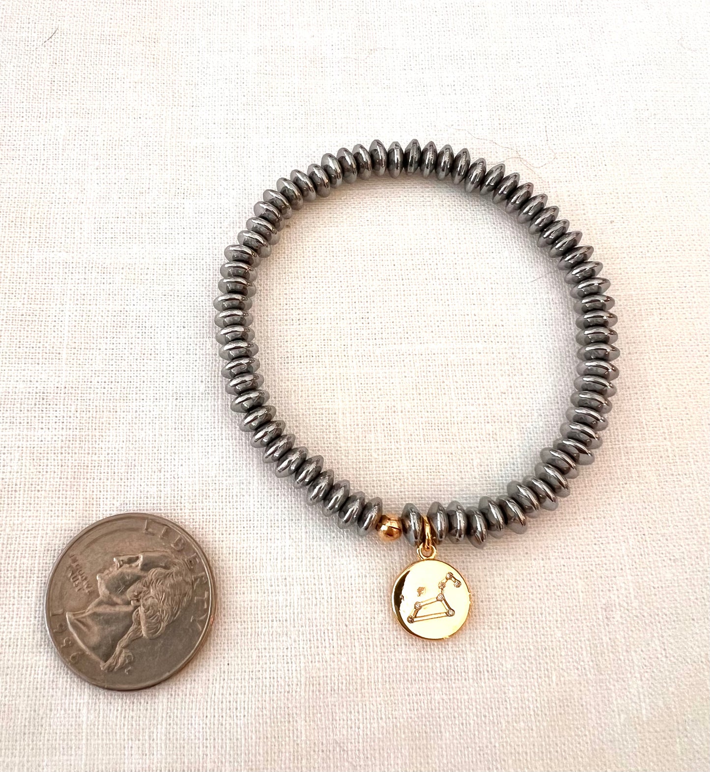 Zodiac Constellation Bracelet, Platinum Hematite with Gold Star Sign Charm