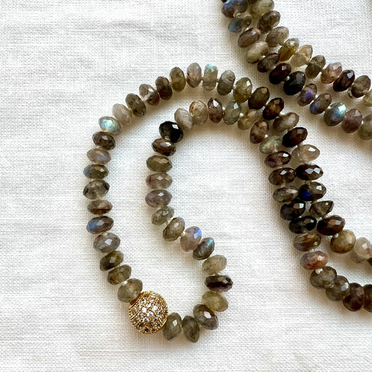 Emberlight Mala Necklace, Faceted Labradorite with Gold Plated Pave Guru Bead