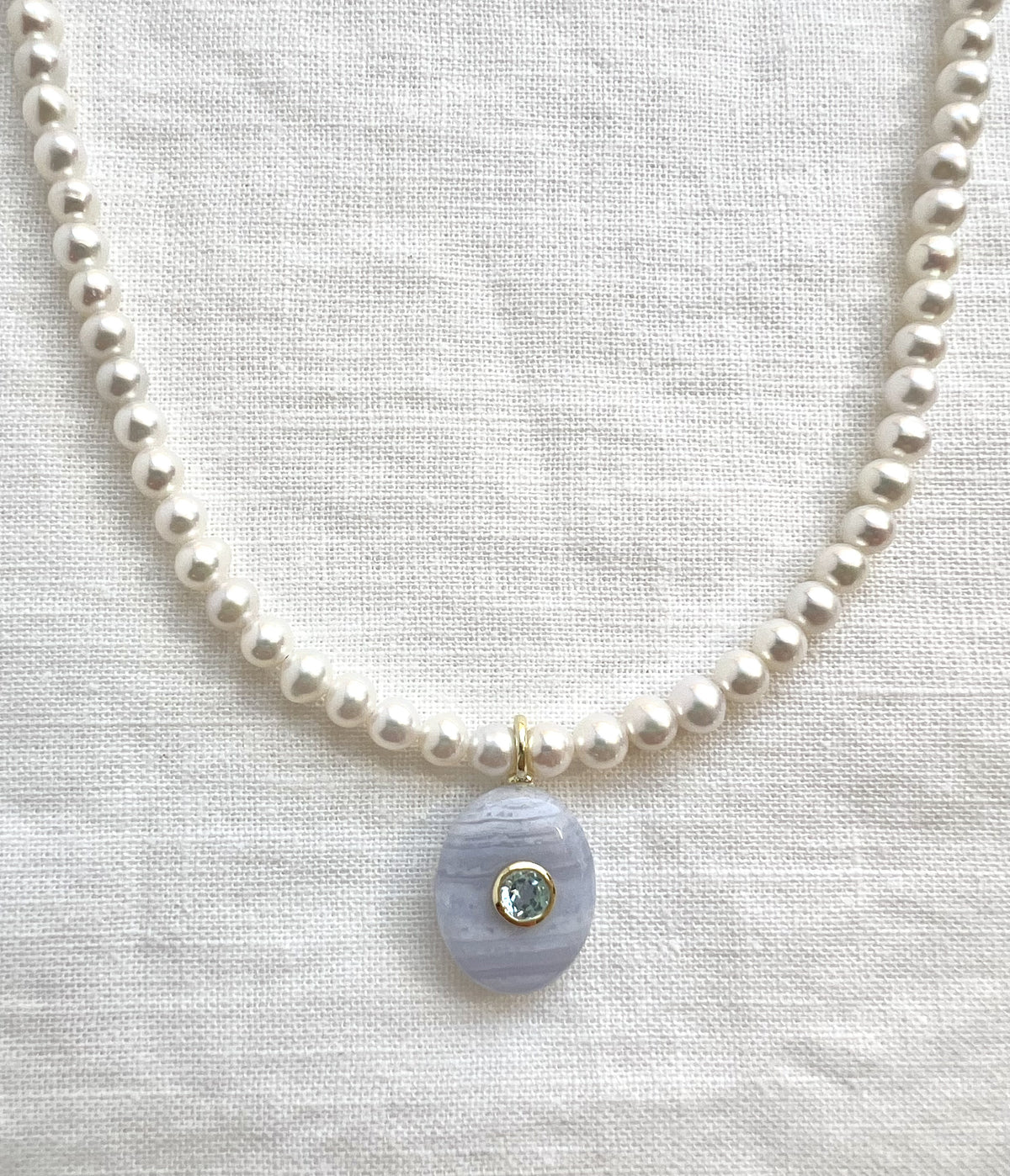 Pearl Choker Necklace, Blue Lace Agate and Blue Topaz Pendant