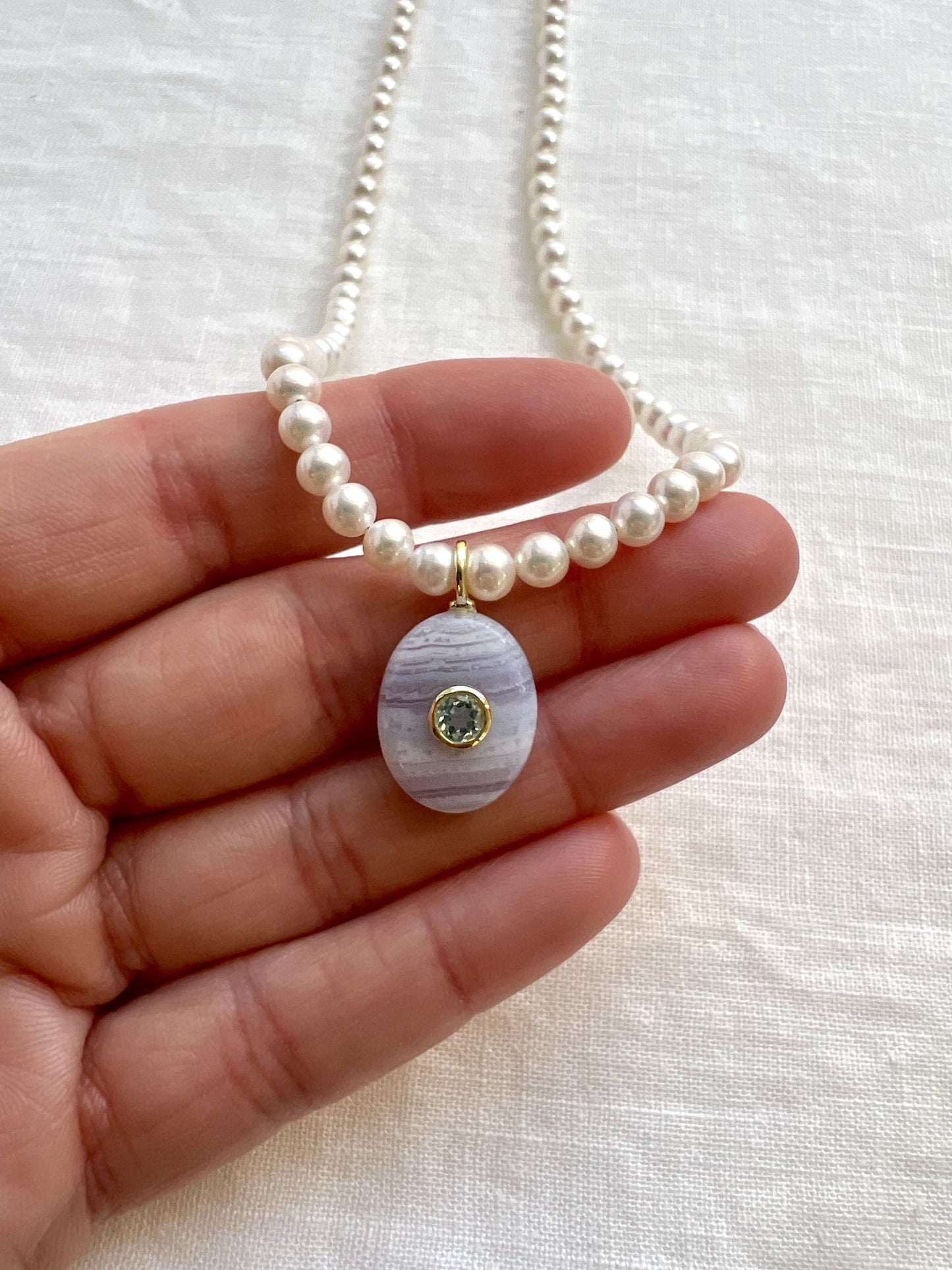 Pearl Choker Necklace, Blue Lace Agate and Blue Topaz Pendant