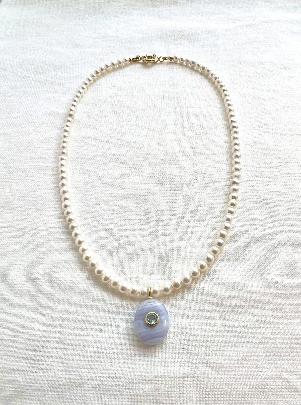 Pearl Choker Necklace, Blue Lace Agate and Blue Topaz Pendant