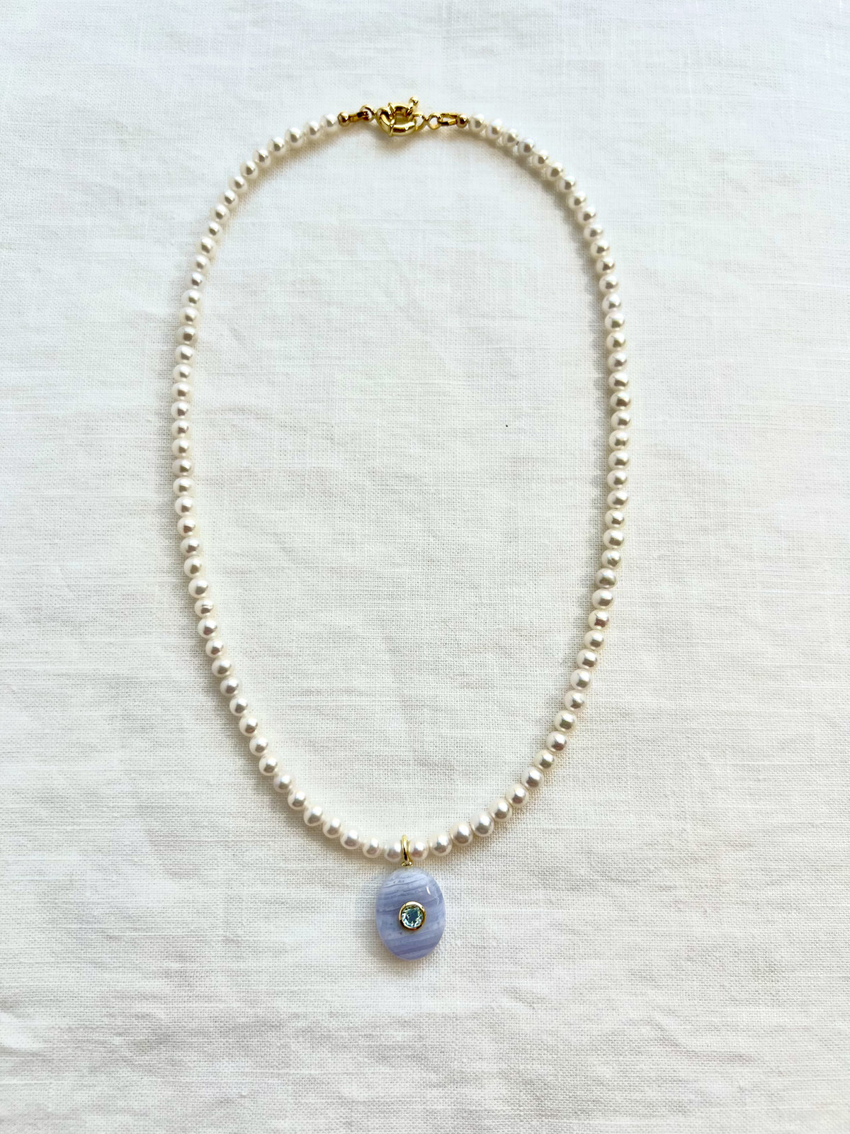 Pearl Choker Necklace, Blue Lace Agate and Blue Topaz Pendant