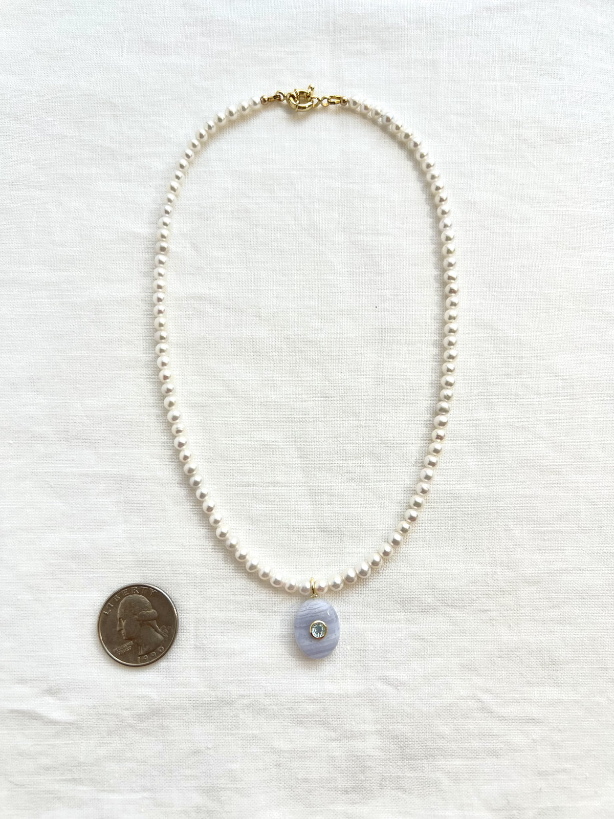 Pearl Choker Necklace, Blue Lace Agate and Blue Topaz Pendant