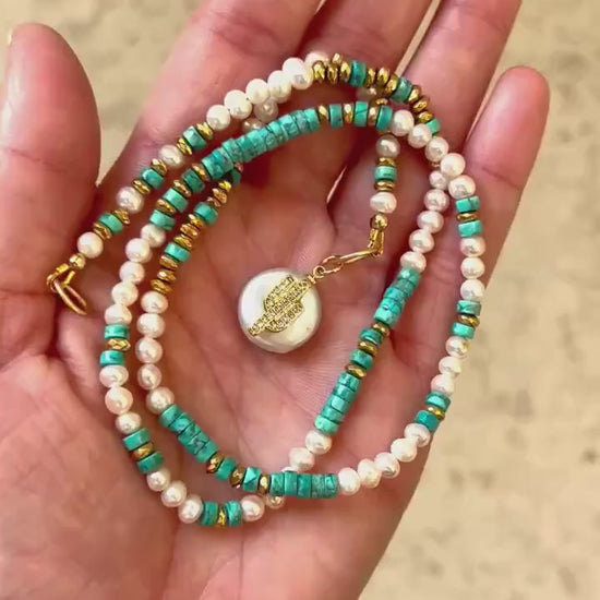Arizona Turquoise Pearl Necklace and Hat Band, Southwestern Cactus Charm, Convertible Wrap Bracelet, Gold Hematite, Supple Suede Tie