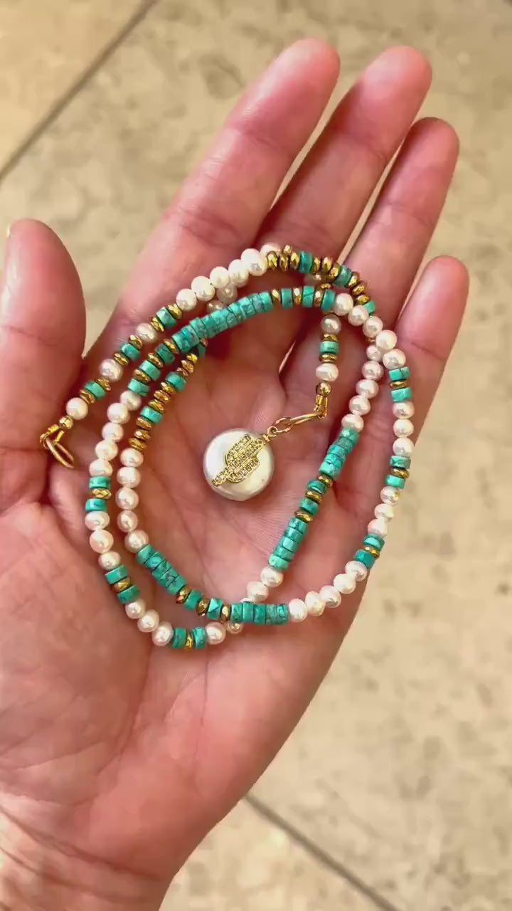 Arizona Turquoise Pearl Necklace and Hat Band, Southwestern Cactus Charm, Convertible Wrap Bracelet, Gold Hematite, Supple Suede Tie
