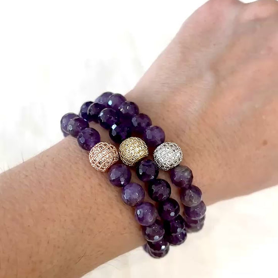 Video of the three Inner Vision amethyst bracelets worn stacked on the wrist, pave beads catching the light
