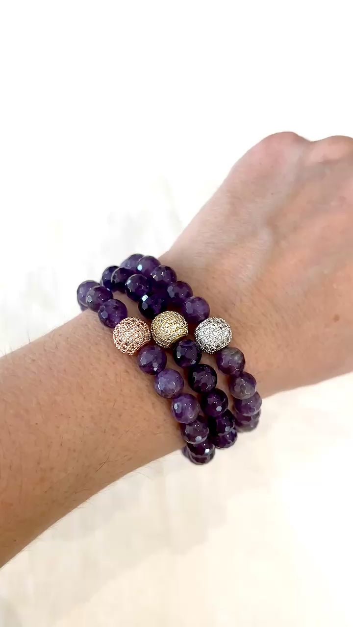 Video of the three Inner Vision amethyst bracelets worn stacked on the wrist, pave beads catching the light