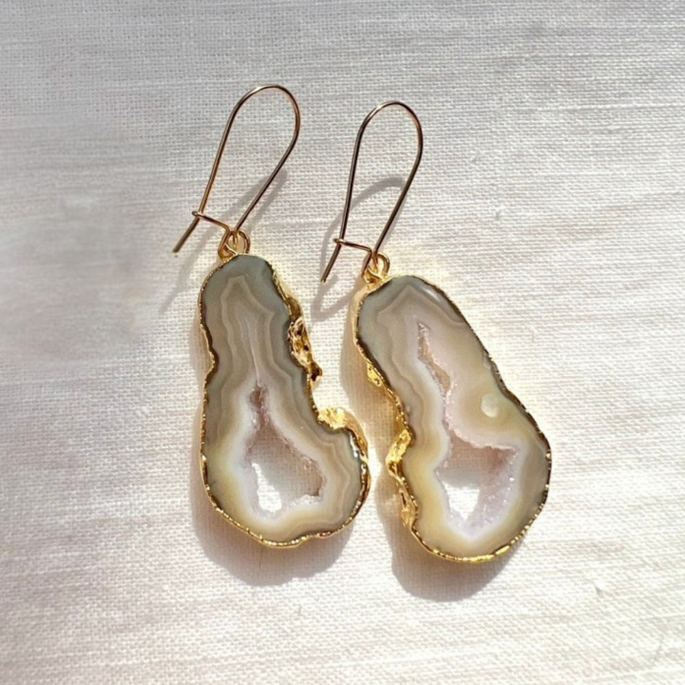 Cream and Beige Shakti Earrings, Agate Slice Geode Drops on Long Gold Wires