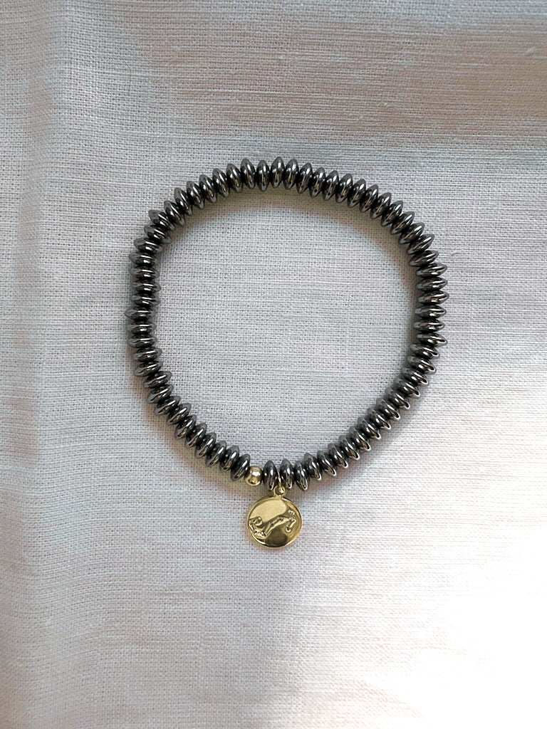 Zodiac Constellation Bracelet, Platinum Hematite with Gold Star Sign Charm