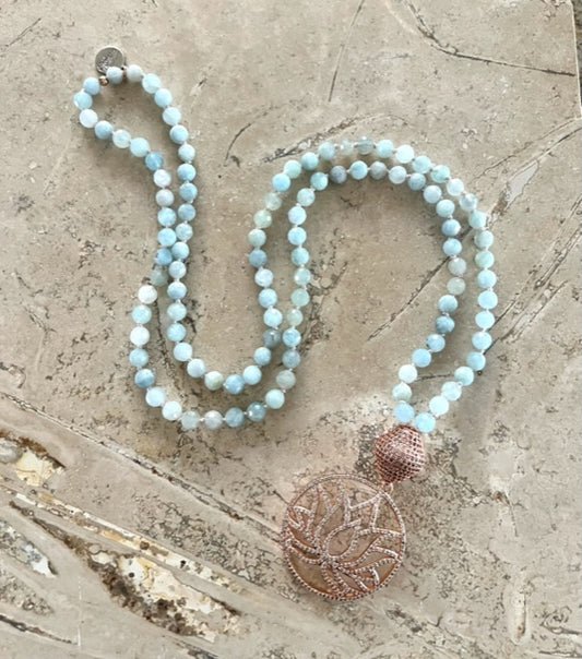 Aquamarine Mala Beads for Courage, Rose Gold Filled Pave' CZ  Guru Bead and Lotus Flower Amulet