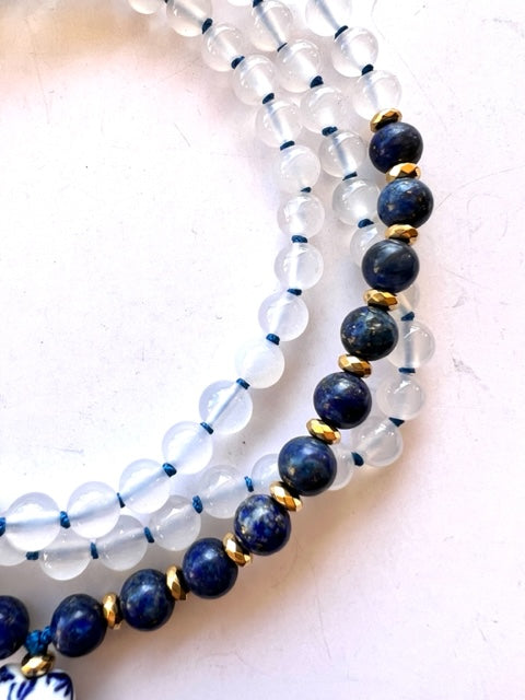 Higher Consciousness Mala, Lapis Lazuli, White Agate and Hematite