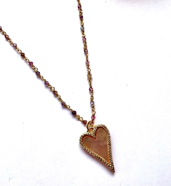 Heart Necklace, Pink Mother of Pearl, Spinel and Cubic Zirconia