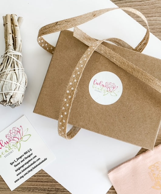 Lulu Beads Studio box, ribbon, pouch and business card