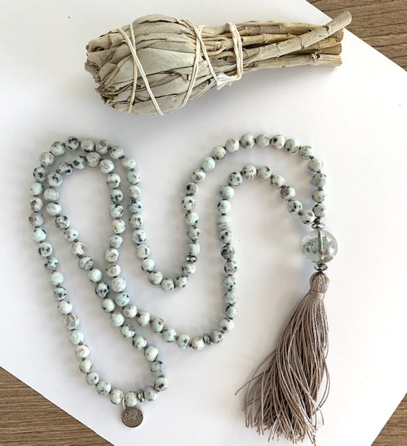 Mala Beads, Kiwi Jasper, Silk tassel, Phantom Quartz guru bead