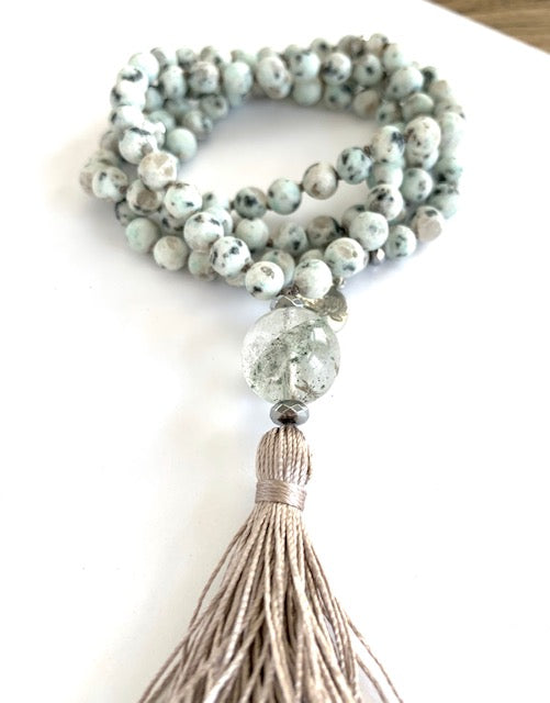 Kiwi Jasper Mala Beads, Silk tassel, Plantom Quartz guru bead