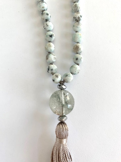 Kiwi Jasper Mala Beads with a Phantom Quartz guru Bead