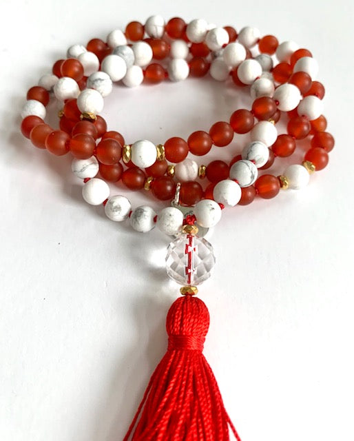 The Root to Rise Mala, Carnelian, Howlite Jasper, Quartz, Gold Plated Hematite