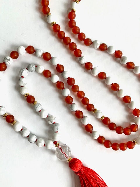 The Root to Rise Mala, Carnelian, Howlite Jasper, Quartz, Gold Plated Hematite