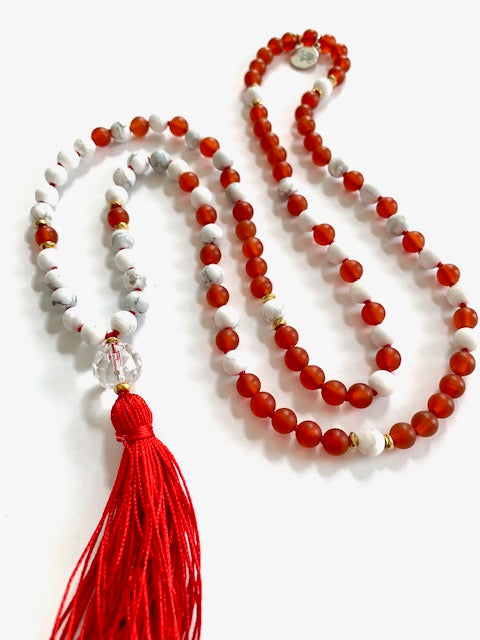 The Root to Rise Mala, Carnelian, Howlite Jasper, Quartz, Gold Plated Hematite