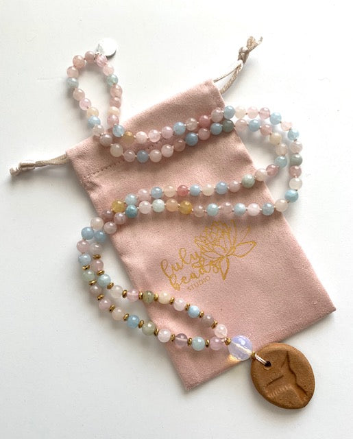 Mala Beads for Emotional Strength and healing, Morganite, Quartz, Gold Plated Hematite