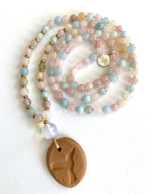 Morganite mala beads, terracotta oil diffuser pendant with hummingbird