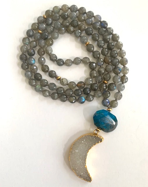 Labradorite Mala Beads, Druzy Quartz Crystal Moon pendant, Apatite Guru bead