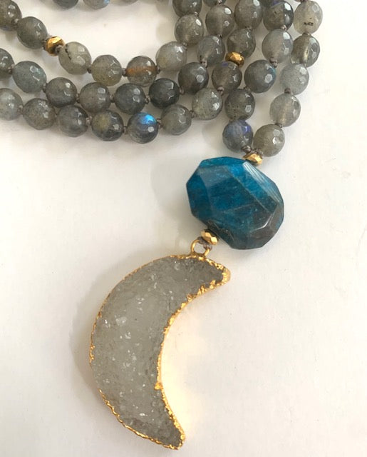 labradorite mala beads, Apatite guru bead, druzy quartz moon pendant