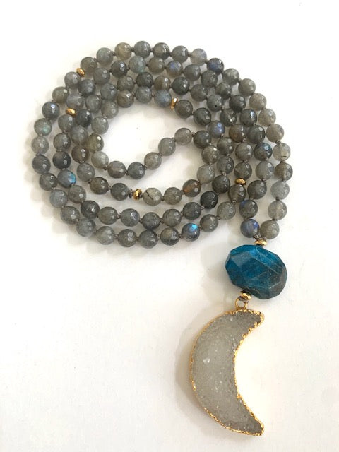 Labradorite Mala Beads, Apatite guru bead, druzy quartz moon pendant