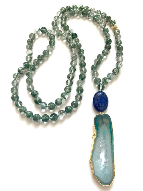 phantom quartz knotted mala beads, 6mm, oval lapis lazuli guru bead, green agate pendant