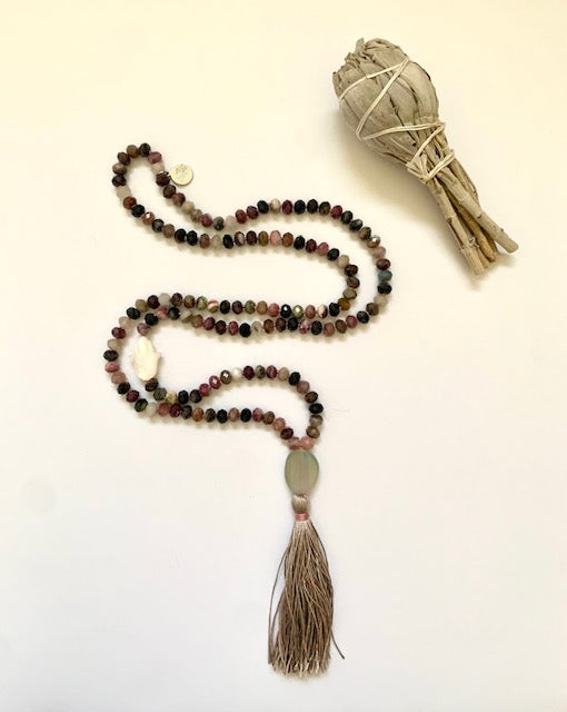 Mala Beads for Compassion and Understanding, Tourmaline, Mother of Pearl