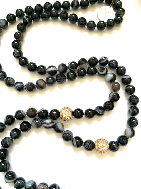 Sardonyx, also know as banded agate, 6mm knotted mala beads with  pave cz gold plated accents