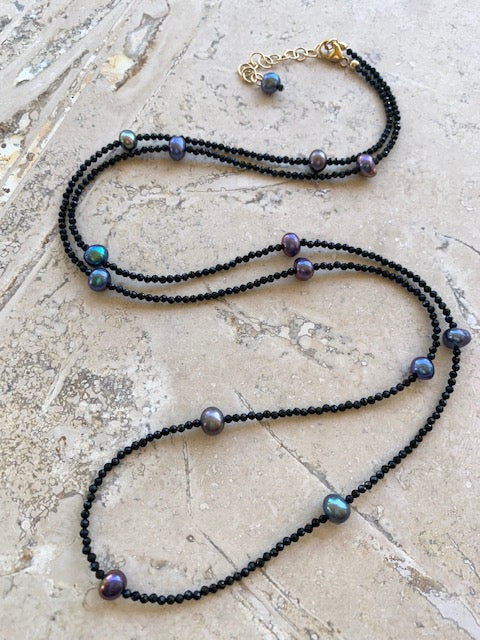 Pearl and Black Spinel Long Station Necklace