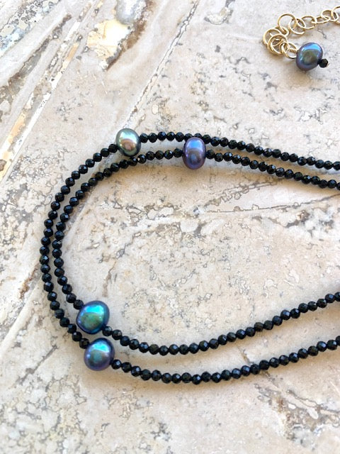 Pearl and Black Spinel Long Station Necklace