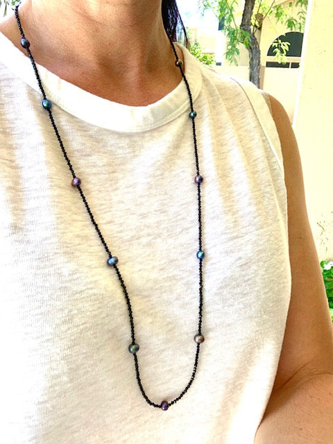 Peacock pearl and black spinel station necklace, 30 inches, cultured freshwater pearls in green and aubergine spaced along 2mm faceted black spinel