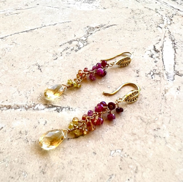 Gemstone earrings, Ombre Ruby, Pink, Orange, Yellow Sapphire and Citrine Drop Earrings