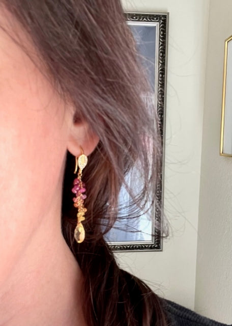 Gemstone earrings, Ombre Ruby, Pink, Orange, Yellow Sapphire and Citrine Drop Earrings