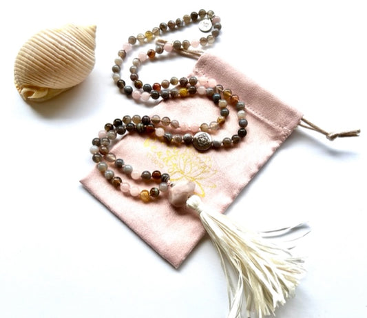 botswana agate and rose quartz mala necklace with kunzite guru bead and cream silk tassel