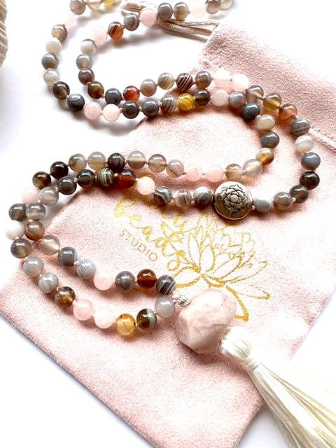 botswana agate and rose quartz mala necklace with kunzite guru bead and cream silk tassel, lotus flower accent bead
