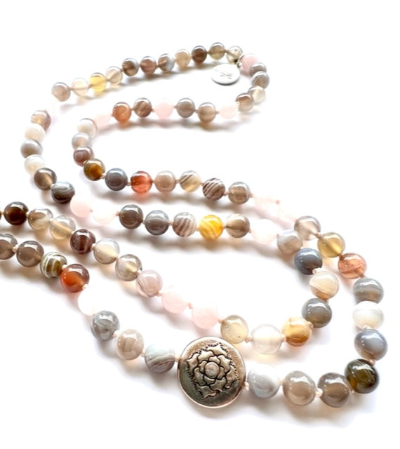 botswana agate and rose quartz knotted mala beads with pewter lotus flower accent bead