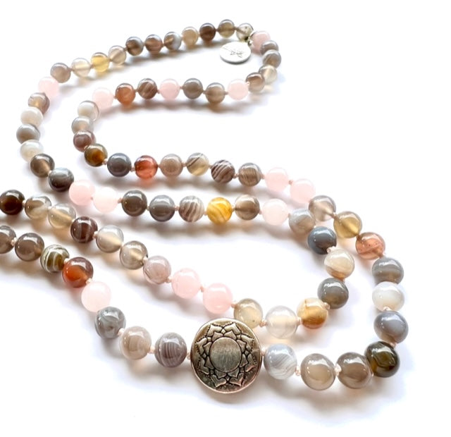 botswana agate and rose quartz mala beads with reversible pewter lotus flower bead