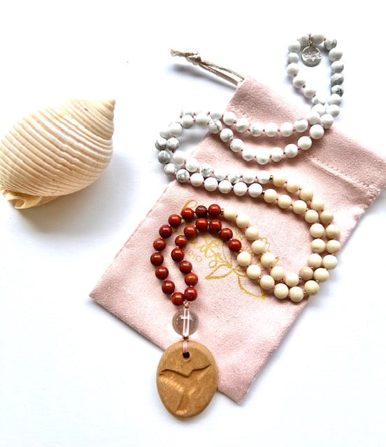 mala necklace, 6mm red jasper, riverstone, and howlite jasper, quartz guru bead and terra cotta hummingbird oil diffuser amulet