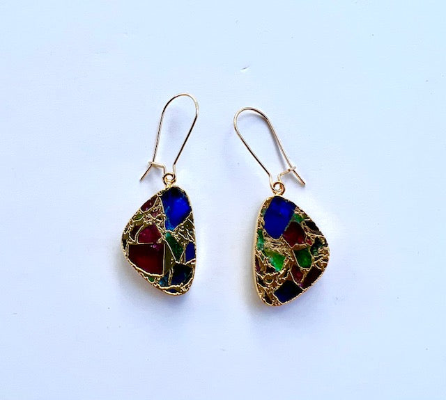 Shakti Earrings, Mosaic Muti-Agate and Gold