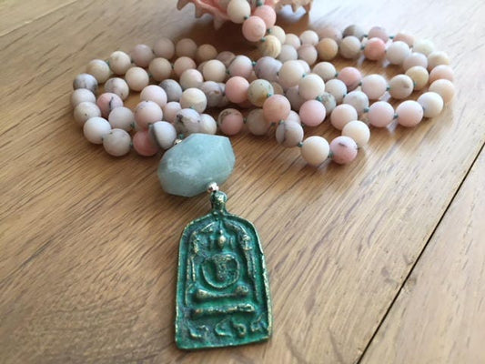 Peace, Love and Balance Mala Beads, Pink Peruvian Opal and Aquamarine