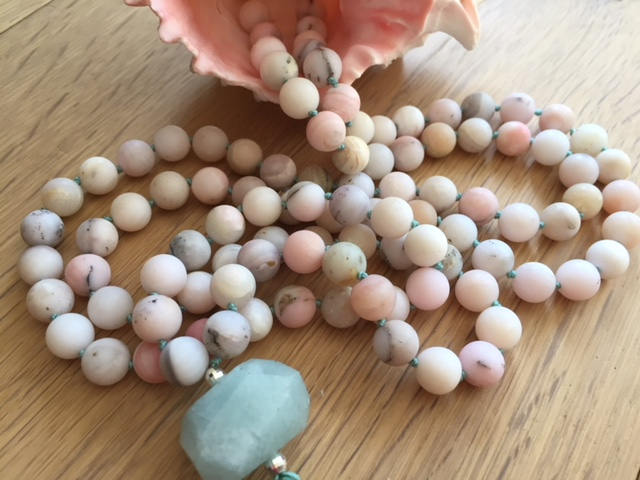 Peace, Love and Balance Mala Beads, Pink Peruvian Opal and Aquamarine